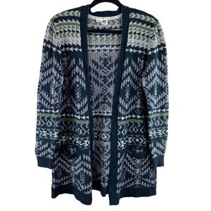 Roxy Blue Green Gray Aztec Tribal Long Line Boyfriend Open Cardigan Size M/L
